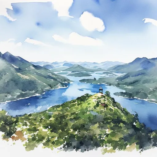 Prompt: Looking from the top of a mountain overlooking an island watercolor