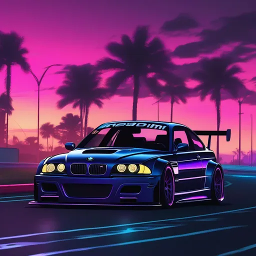 Prompt: 2001 BMW M3 E46 GTR, synthwave, aesthetic cyberpunk, miami, highway, dusk, neon lights, coastal highway, dusk, neon lights, coastal highway, sunset, drift, nurburgring, very detailed
