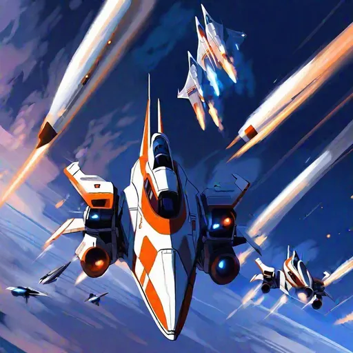 Prompt: A scifi star-fighters formation. Mirage fighters. Negative Arrow Wing. Mass effect art.. Anime art. 2d. 2d art.