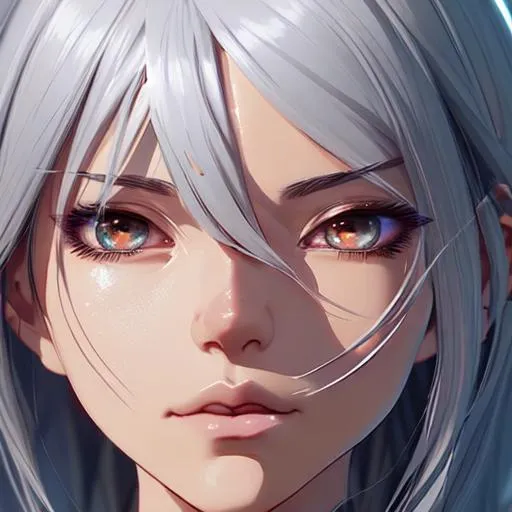 Prompt: Create a digital painting of a human face with unique features. The hair should have a metallic or silver tone, while the eyes should be a striking shade of crimson. The style can be inspired by Makoto Shinkai and Rossdraws, but feel free to add your own artistic interpretation. Experiment with different eye shapes, expressions, and lighting. You can explore a closeup perspective or try a distanced view, and play with various lighting effects to enhance the mood. Let your creativity shine while maintaining a focus on detailed facial features and a sense of symmetry.