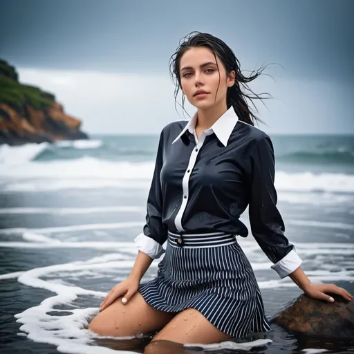 Prompt: photo of young woman, soaking wet clothes, black high heels, black pinstripe skirt, navy unbuttoned longsleeve shirt with high white collar and white cuffs,  , relaxing in the sea,   enjoying, water dripping from clothes, clothes stuck to body,  detailed textures of the wet fabric, wet face, wet plastered hair,  wet, drenched, professional, high-quality details, full body view , clothes are soaking