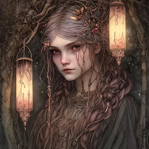 Prompt: Portrait Druid witch girl with rose gold pinkish hair and pretty detailed face in a dark and mysterious tree with Hanging lanterns by John Bauer and John William Waterhouse high contrast colorful storybook illustrations braids in hair