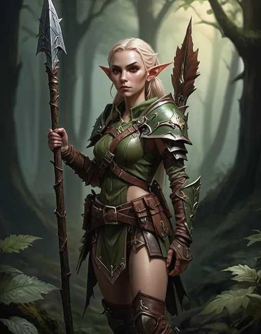 Prompt: Warhammer fantasy style female elf scout, holding spear, detailed leather armor, dark forest setting, high quality, fantasy, detailed character design, earthy colors, atmospheric lighting
