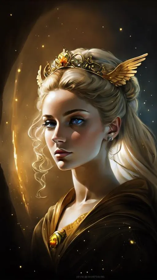 Prompt: Mystic blonde Irish goddess golden skin, crystal blue eyes. detailed, proportionate, beautiful face. riding a bird in the sky. crystal staff held valiantly. Meteors falling. Wide angle. Crystal wings.