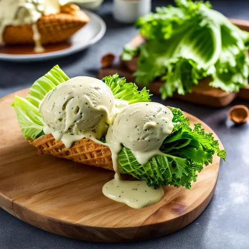 Prompt: There is no ice cream in an ice cream cone, but a head of cabbage with a carrot and topped with a dill sauce dressing, ultrarealistic, sunsine, 8K