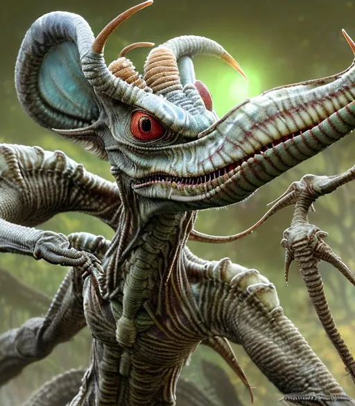 Prompt: full body wreathed alien animal with a very detailed head, facial fur, indigo, bone-white, moss, cream, brown eyes, white and red striped body fur, bird-Influence, white luminescent biomorphic glistening wings, in the style of Donato Giancola, Fragonard, in flower garden, darkness, glowing magical flowers, moonlight, by Android Jones, John Berkey, low volumetric glowing fog, background theme glowing stars, epic, painted, fantasy, beautiful rich deep colors,  global illumination, volumetric lighting, occlusion, 128K UHD Unreal Engine 5