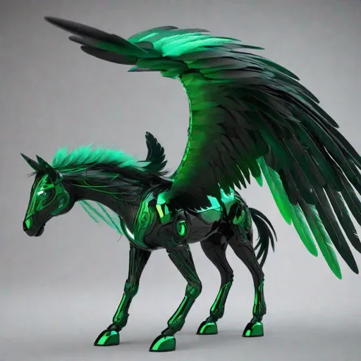 Prompt:  small twisted pegasus animatronic hybrid, with focused emerald eyes. They identify as a Male. Emerald colored feathery wings and tail. dark Green ombre mane and tail. UHD, HD, 4K, green haze, anime style