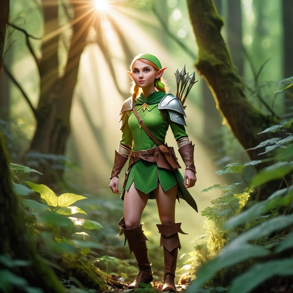 Elf ranger in a mystical forest around sunlight