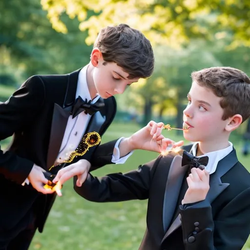 Prompt: 13 year old boy in a black tuxedo casting a gold sparkling magic spell with his magic wand in the park