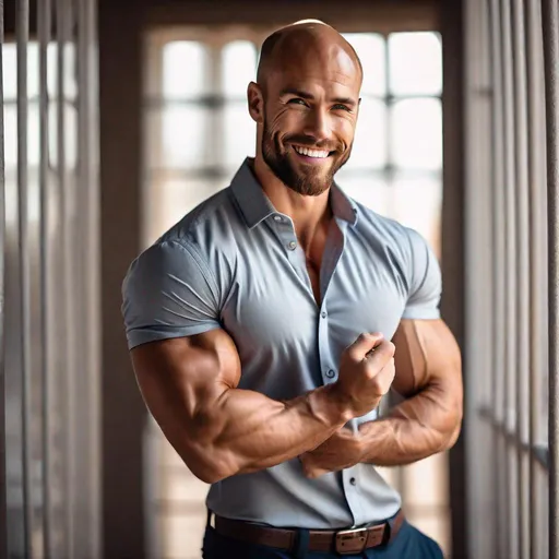 Prompt: Professional full-body  photoshoot of a beautiful, attractive young balding man, wearing a short-sleeve button-up shirt, flexing his biceps, hyperdetailed {symmetrical eyes}, {defined shredded musculature, broad shoulders}, {sultry romantic} smile, center frame, diffused light, intricate detail, best quality, uhd, 8k, symmetry  