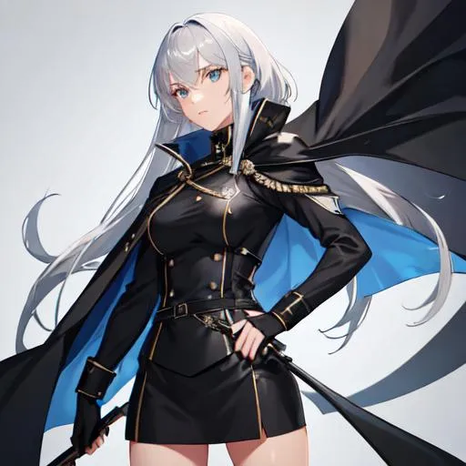 Prompt: Female, black military uniform, swordsman, silver hair, cape