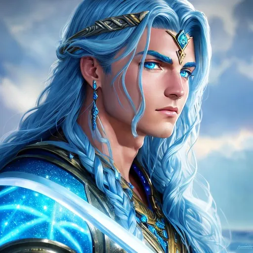 Prompt: Photorealistic close-up portrait of an Atlantean Warrior from Disney's Atlantis movie. Blue eyes, Silver hair, glowing blue tattoos.