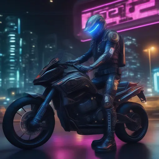 Prompt: A ultra realistic menacing futuristic psychedelic cop at night in a futuristic São Paulo, very complex build, very detailed uniform adorned with glowing cyber runes, big boots, big weapon, futuristic bike close by. realistic photography