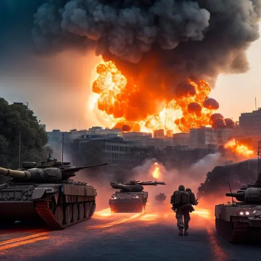 Prompt: war in city while explosions go off, tanks in background, soldiers running, helicopter in sky, raining, stroming,  ultra 4k, hd, realistic, 