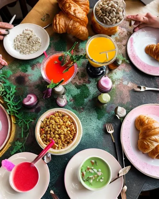 Prompt: A table set with fantastical dishes including colorful juices in test tubes, exotic puffed rice towers, and speckled mushroom croissants.