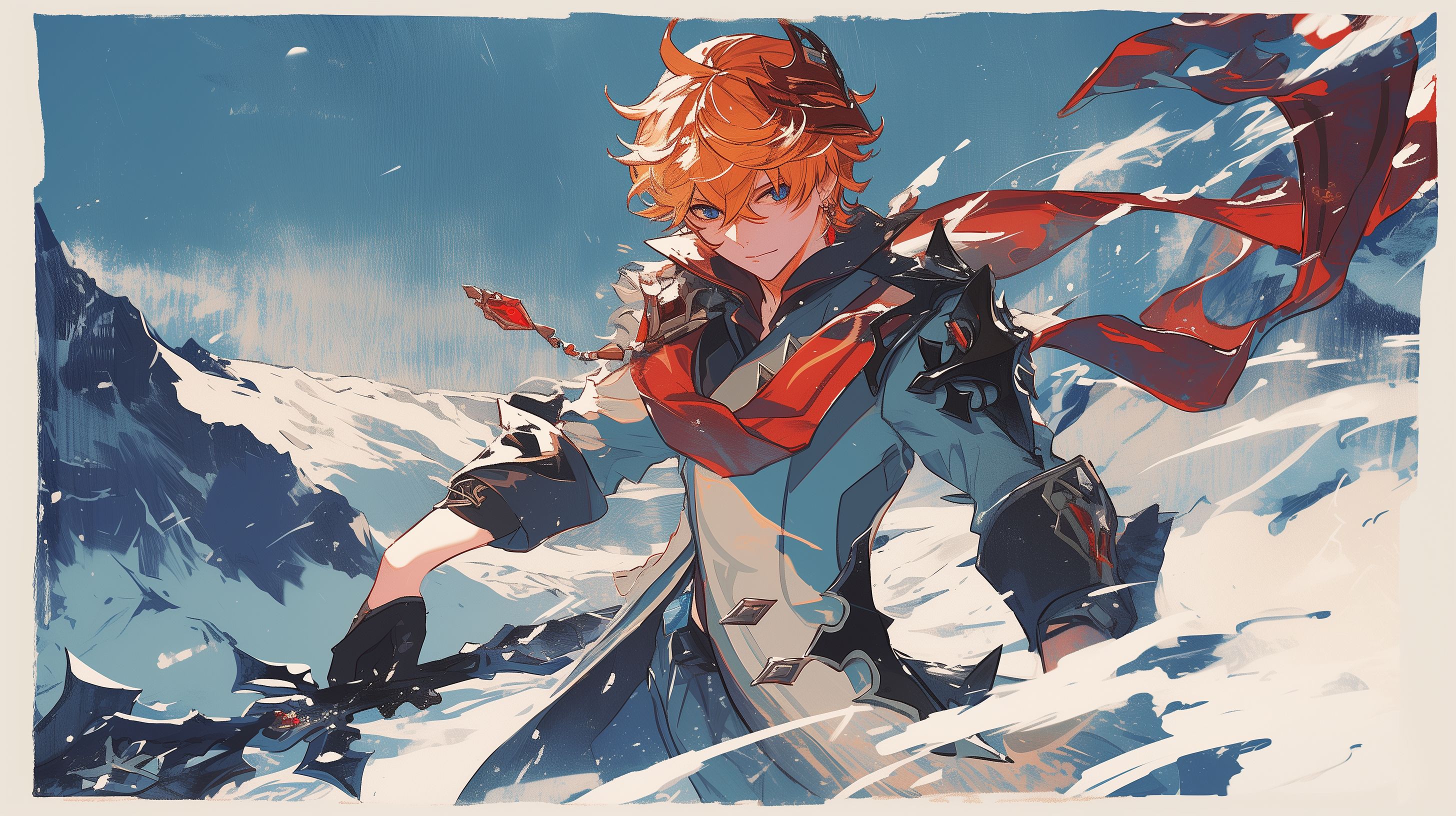 Prompt: Tartaglia from Genshin Impact, fullbody, Short messy ginger hair with Ahoge that falls between the eyes, dark blue eyes, red diamond earing on right side, aged japanese vintage woodblock print style, dynamic pose, dynamic snowy mountianside, thick white border --ar 16:9 --niji 6