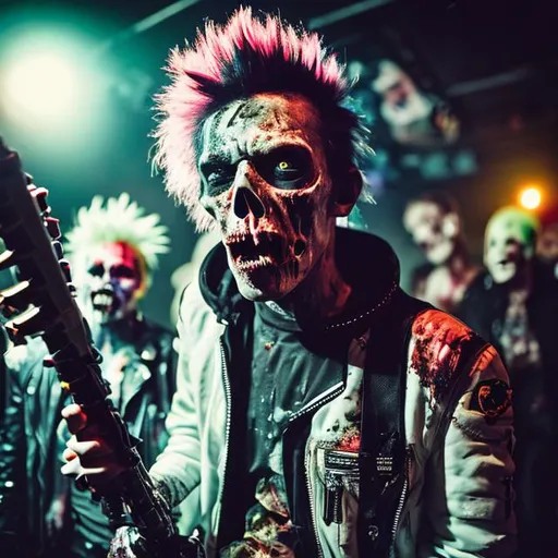 Prompt: High Definition Photography, Medium shot of a spaceman in a punk show. the punks are zombies
