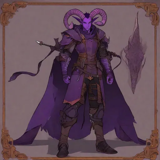 Prompt: Whole body. Full figure. A tiefling boy with a heavy armor. Purple skin and goat horns. . Rpg art. 2d art. 2d.
