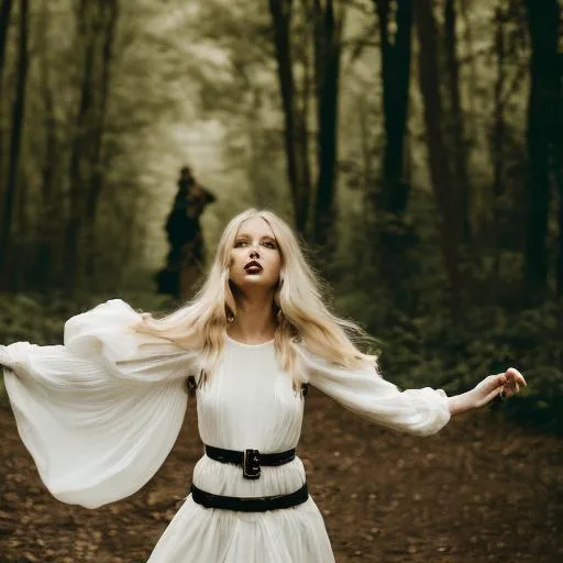 Prompt: Young blond girl in white dress is playing with the devil in dark forest. 