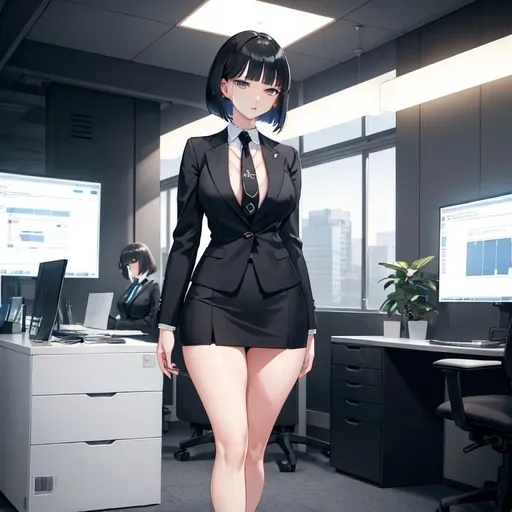 Prompt: a lonely AI girl, very tall, thick thighs, wide hips, long legs, slender waist, big beautiful symmetrical eyes, aloof expression, bob haircut with bangs, (wearing a business suit and tie, working in an office), 12K resolution, hyper quality, hyper-detailed, depth of field