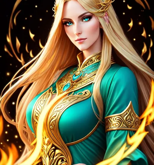 Prompt: Fantasy style, a hyper realistic detailed image of Aelin Ashryver Galathynius, tall and thin with long, golden hair and turquoise eyes with rings of gold in them, covered in nightly glow, holding flames, ((wearing dress)) perfect composition, super detailed, sharp focus HDR, UDR, 120k, square jaw, slender upturned nose, 