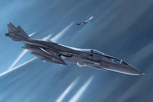 Prompt: top down view of a fighter jet flying at high altitude over the horizon with stars in the background in the style of concept artist Ralph McQuarrie