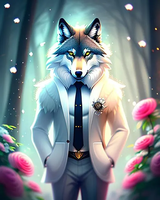 Prompt: Anthropomorphic Animal Character Wolf wearing a White Suit and holding a white rose, anime eyes, beautiful intricate Fur, shimmer in the air, symmetrical, In the style of FairyTale, Concept art, digital painting, looking into camera, square image