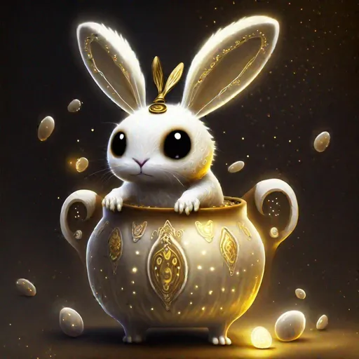 Prompt: Bipedal creature resembling a rabbit, ghostly white fur and solid glowing white eyes, inside a brown pot with la white stripe and black eyes, golden swirl gems, masterpiece, best quality, In Ethereal Style