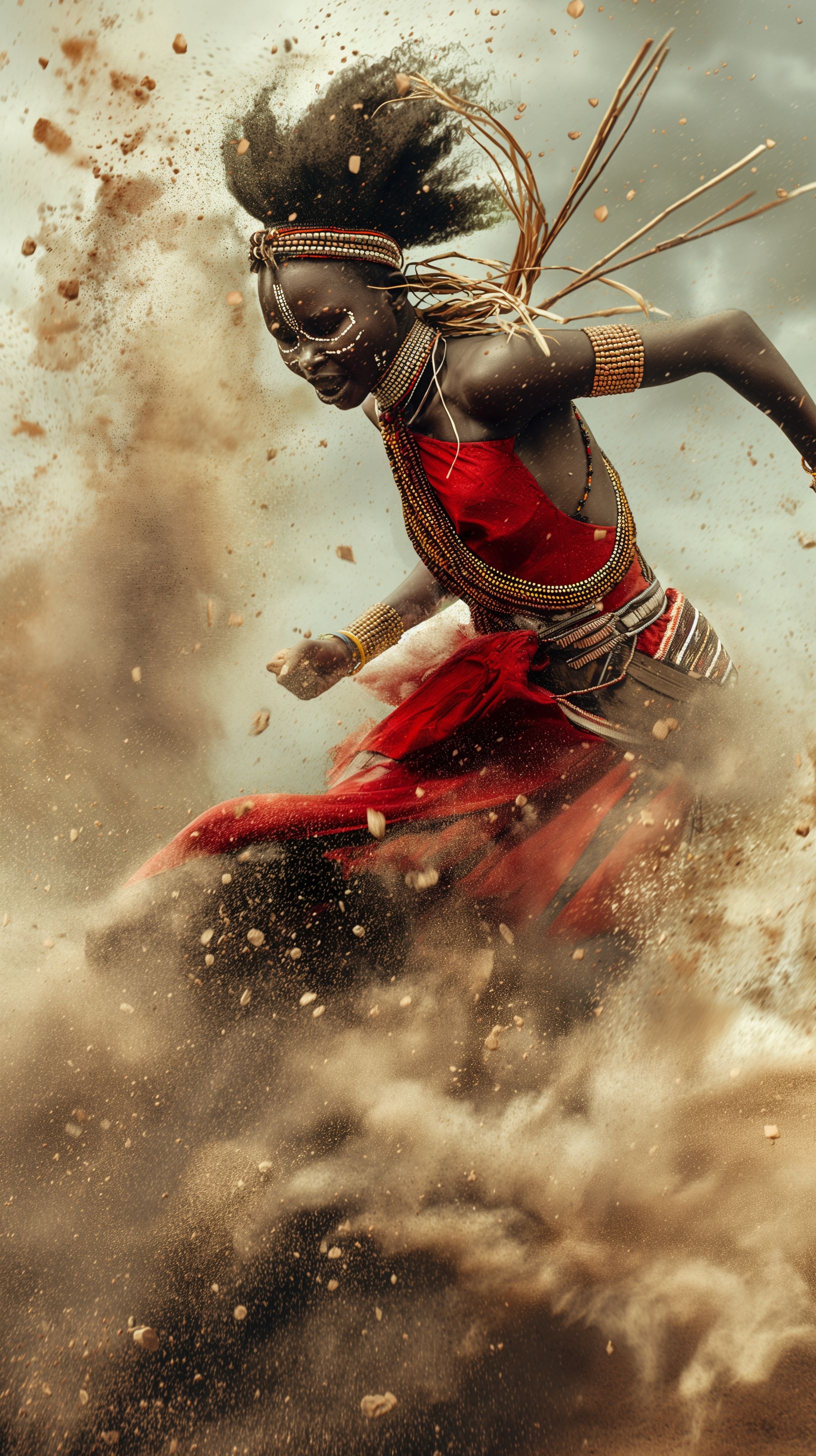 Prompt: attractive dark skin warrior women, tribe from africa, red cloth clothing with beads, peircing eyes, national geographic cover, joyful and dancing with reeds on there ankles, making a cloud of dust around them as they stamp hard on the ground --ar 9:16 --v 6.0