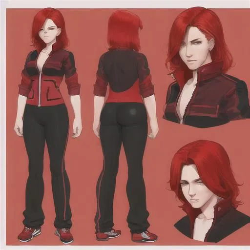 Prompt: original character , redhead , shy , red sport outfit , reference sheet , black pants , portrait , pose 