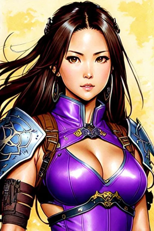 Prompt: Shining Force Art (((Yoji Shinkawa))), sticker of ultra detailed portrait of Olivia Munn in detailed purple heavy samurai armor, high quality cell shaded illustration in post apocalyptic style by Yoji Shinkawa, ((full body)), dynamic pose, perfect anatomy, centered, freedom, soul, black long hair,tan skin approach to perfection, cell shading, 4k , cinematic dramatic atmosphere, watercolor painting, global illumination, detailed and intricate environment, artstation, concept art, fluid and sharp focus, volumetric lighting, cinematic lighting, Art by Ilya Kuvshinov
