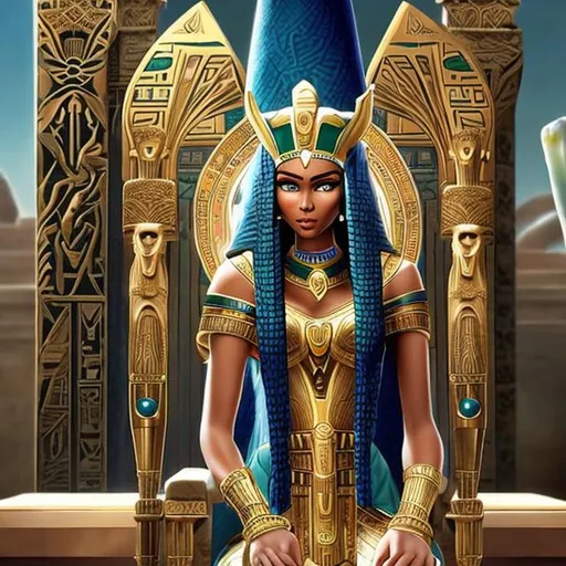 Prompt: A large pharaonic cat with green eyes sits next to the throne chair of a beautiful ancient pharaonic queen with white skin and blue eyes  curvy hot at the age of 30 and holding a scepter in her hand. This queen resembles Cleopatra.
