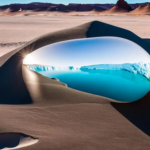 Prompt: giant iceberg in the desert between sand dunes, hyperrealistic imaging, highly detailed, strong sunlight, 8K