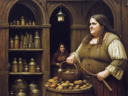 Prompt: oil painting by john waterhouse, an witches shop, with a old female ogre running the shop