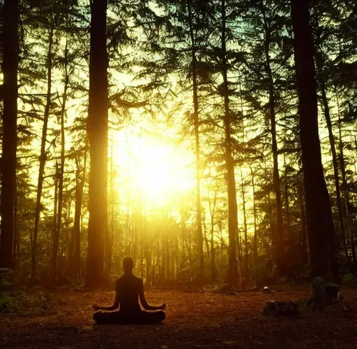 Prompt: Final Meditation, in forest, sunset backdrop