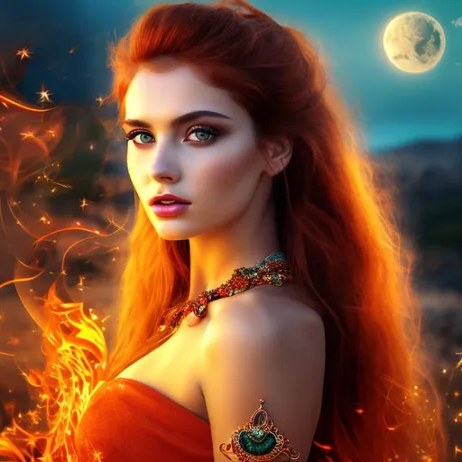 Prompt: HD 4k 3D 8k professional modeling photo hyper realistic beautiful woman ethereal greek goddess of hearth, home, domesticity and chastity
fiery red hair brown eyes gorgeous face tan skin orange shimmering dress jewelry headpiece full body surrounded by magical glowing firelight hd landscape background of enchanting mystical flames