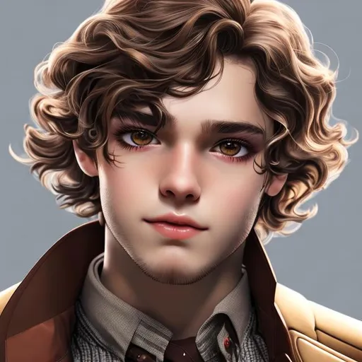 Prompt: an aldult men with Pigtails soft brown wavy hair, soft brown eyes with red untertone, realistic, digital art, 64k