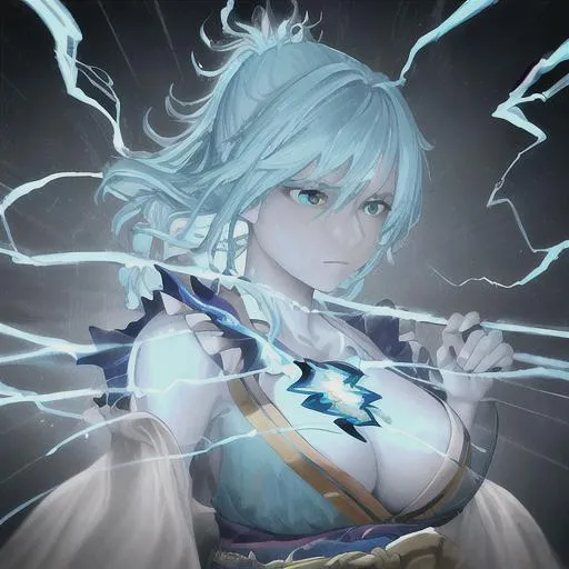 Prompt: oil painting, UHD, 8k, Very detailed, panned out, female lightning elemental with flesh that is bluemade of lightning, visible face she is made of lightning, she has flowing hair lighting coming from it, she wears a turquoise Japanese hanbok, a turquoise cloth across her chest, she hold a hammer which lightning is radiating from it, 