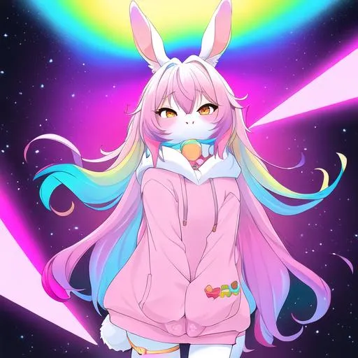 Prompt: A dreamlike state of color clean lines, pastel high contrast of an anthro fursona adult female furry brown rabbit wearing a pink cozy hoodie with constellations adorning the sleeves who's rainbow and in the light, main color red and blue, surface like an oil spill,  high detail, full animal, artstation, splash of color, dynamic lighting full body in frame, full body