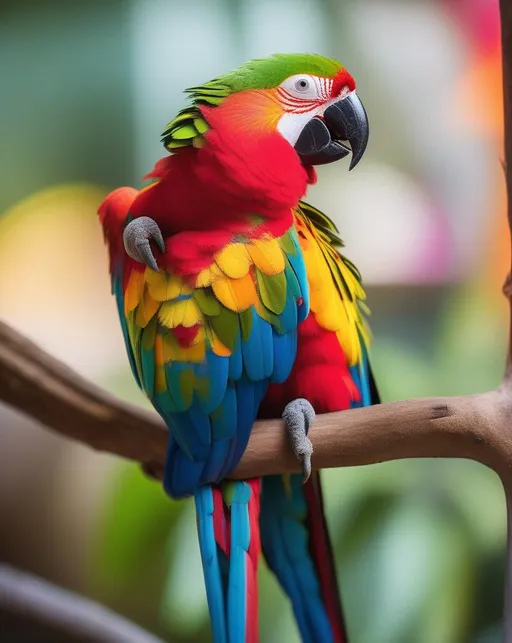 Prompt: A vibrantly colored parrot perched on a branch, plumage intricately detailed down to each feather. Vivid tropical background places the parrot in its natural habitat. Bright natural lighting illuminates the subject. Shot with a 150-600mm telephoto lens on a Nikon D850 to capture precise detail from a distance. Vibrant, lively mood.