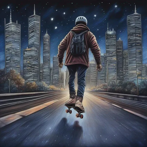 Prompt: photograph of a man rollerblading down the street, view of sky scrapers at night, dark night sky, starry sky, highly detailed, dark tones, HD, 8k, colored pencil sketch art