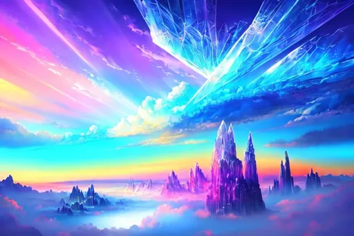 Prompt: crystal skies, high quality, high resolution extremely beautiful landscape of crystal skies over a fantasy colorful vista