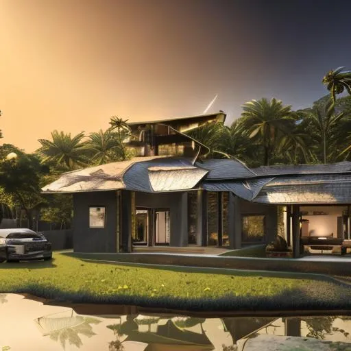 Prompt: modern design of beautiful detailed family house with a diamond and copper roof and intricate and artistic congolese minerals details with elements of modernised precolonial Congolese inspiration kinshasa, volumetric natural light wakanda style, cinematic light, ultra realistic, vray, far view, perspective landscape