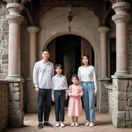 Prompt: asian family in a castle with two kids

