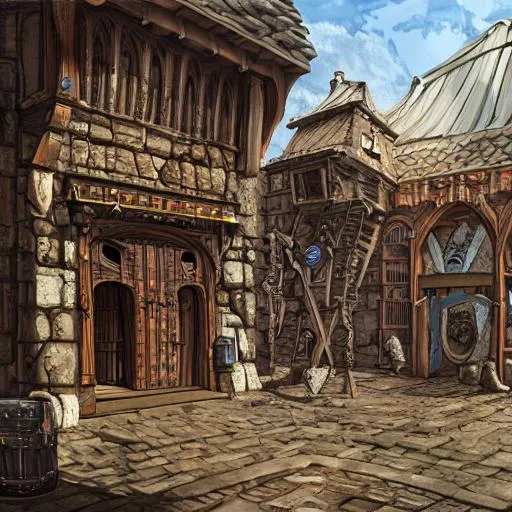 Prompt: A medieval weapons and armour
 shop viewed from the outside, magic items, magic, texture, intricate, details, highly detailed, masterpiece, architecture, building, trending on artstation, focus, sharp focus, concept art, digital painting, fantasy, sunny, day, midday