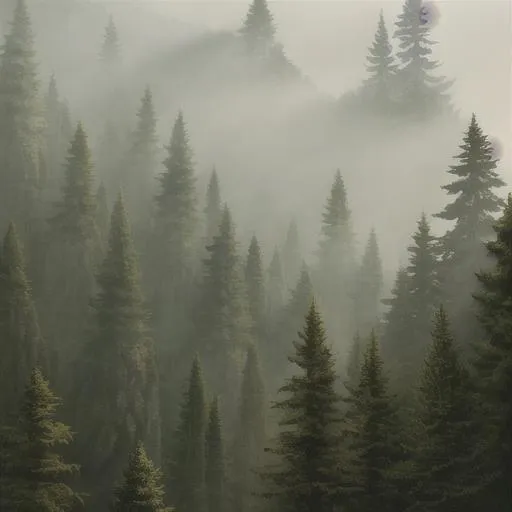 Prompt: tall trees on  a misty mountain cliff