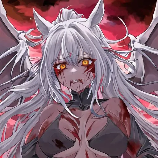 Prompt: Haley as a demon horse hybrid (multi-color hair) (multi-color eyes)(she has horse ears) (demon tail), (demon wings), bullets flying, wounded, covered in blood, crying, beaten up, cuts all over her body, blood all over her body, torn wings
