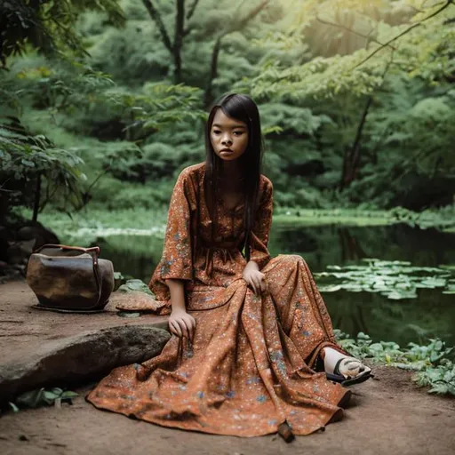 Prompt: A woman in a long dress sitting by a pond in the forest, in the morning
