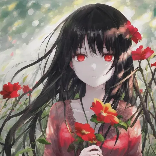 Prompt:  girinwith black hair and red eyes in a flower camp. Bright Sunlight. Calm.