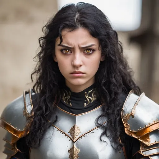 Prompt: young woman, sharp face, long curly black hair, plate armor, amber eyes, irritated, s